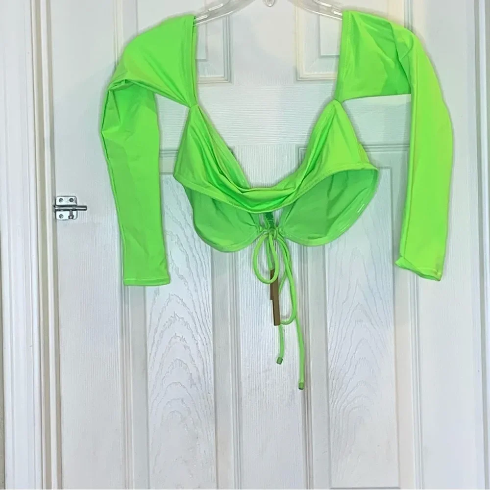 Skims Recycled Swim Long Sleeve Bikini Top and Sarong Skirt Neon Green Size XL